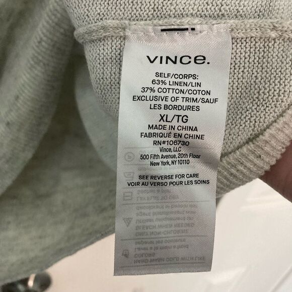 VINCE Cotton Linen Lightweight Raglan Contrast Sleeves Grey Crew Sweater XL - Picture 6 of 7